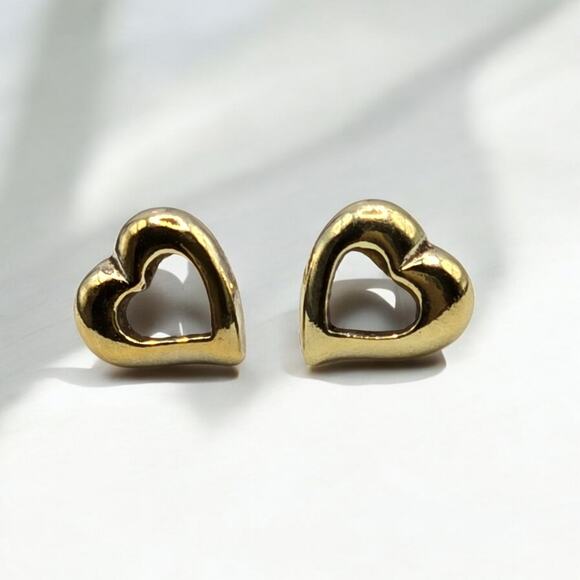 Gold Vermeil Heart Earrings Minimalist Open Work Small 925 IMA GP Studs Only - Picture 1 of 9